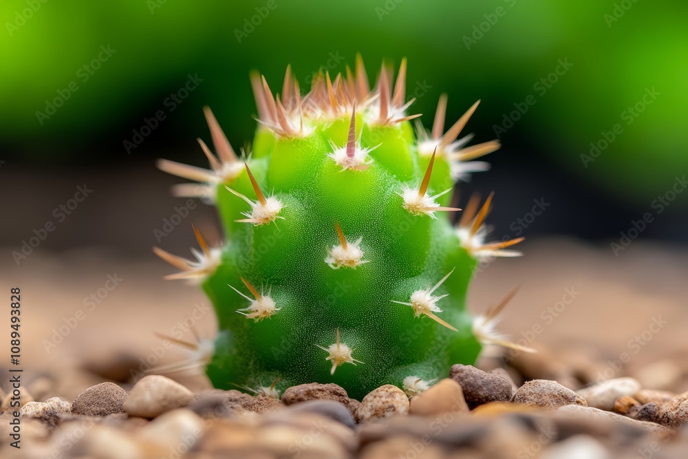 a small cactus with spines in the desert, surrounded by a few stones The background is slightly blurred, giving the focus to the cactus a small cactus with spines in the desert, surrounded by a few stones The background is slightly blurred, giving the focus to the cactus