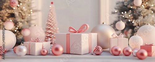 Christmas gifts and ornaments decorating a white table with christmas trees in the background