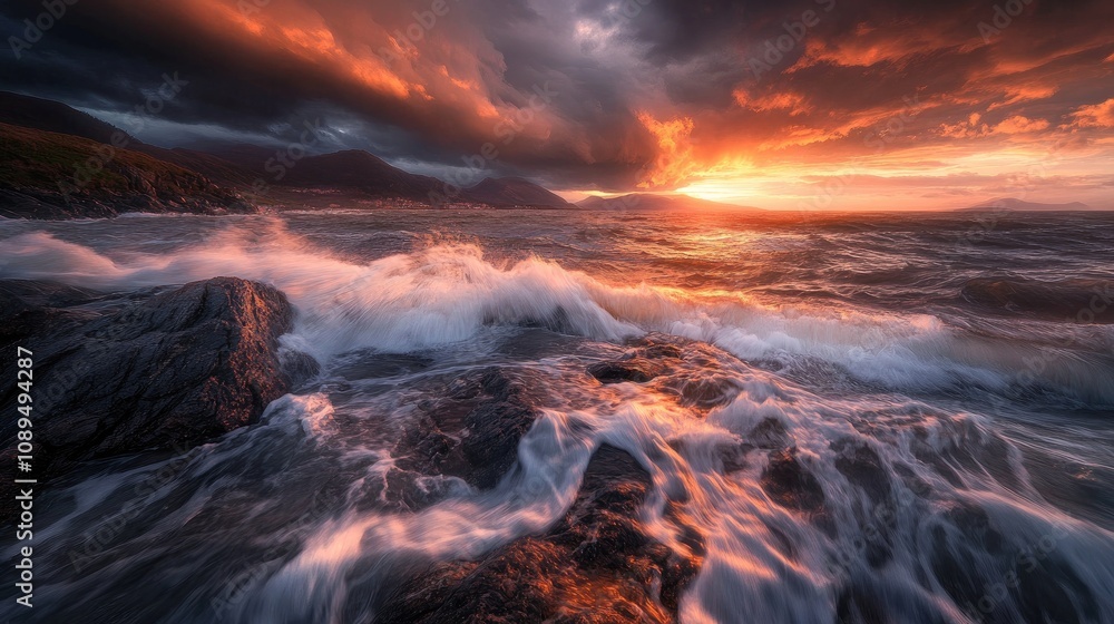 Fototapeta premium Dramatic Sunset Over Ocean Waves and Rocky Shoreline with Fiery Skies and Cloudy Background Captured in Majestic Natural Landscape