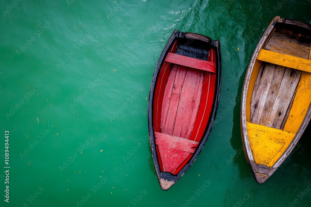 two small boats floating on top of a green body of water The boats are brightly colored, with one being a light blue and the other a deep red The water is calm an two small boats floating on top of a green body of water The boats are brightly colored, with one being a light blue and the other a deep red The water is calm an