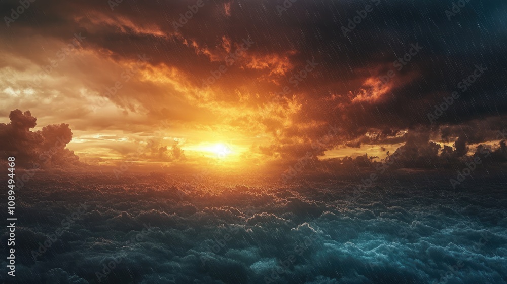 Obraz premium Breathtaking Sunrise Over Dramatic Clouds with Rain Showers and Glowing Sky, Capturing Nature's Beauty and Serenity in a Stunning Landscape