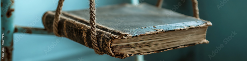 A frayed piece of string tied around a rickety old chair, dangling a well-worn textbook. A frayed piece of string tied around a rickety old chair, dangling a well-worn textbook.
