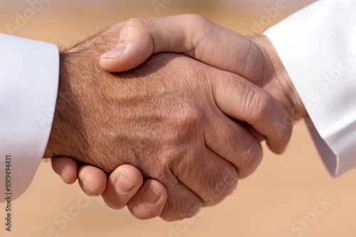  two men shaking hands in the desert, with a blurred background The men appear to be in a professional setting, with one of them wearing a suit and tie and the othe photo