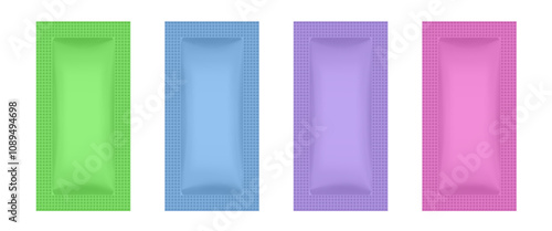 Set of foil sachets or pouches. Vector bags mockup, wet wipes paper or foil packs. Cosmetics samples. Moisturizing sheet face mask. Neon green, blue, violet and pink packaging mockups.