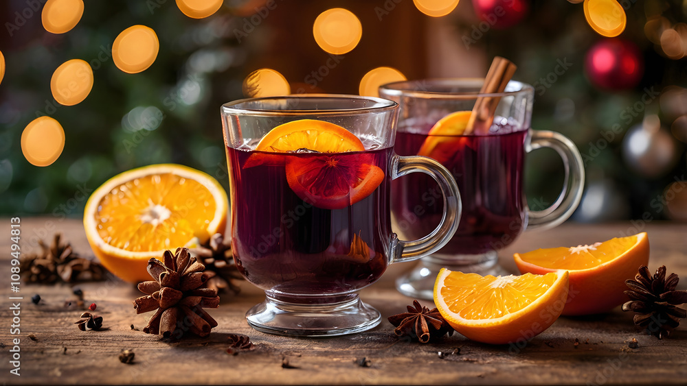 A wooden tray with two glasses of red wine and a bowl of cinnamon sticks. The tray is set on a wooden table with a Christmas tree in the background. Scene is warm and festive, with the red wine A wooden tray with two glasses of red wine and a bowl of cinnamon sticks. The tray is set on a wooden table with a Christmas tree in the background. Scene is warm and festive, with the red wine