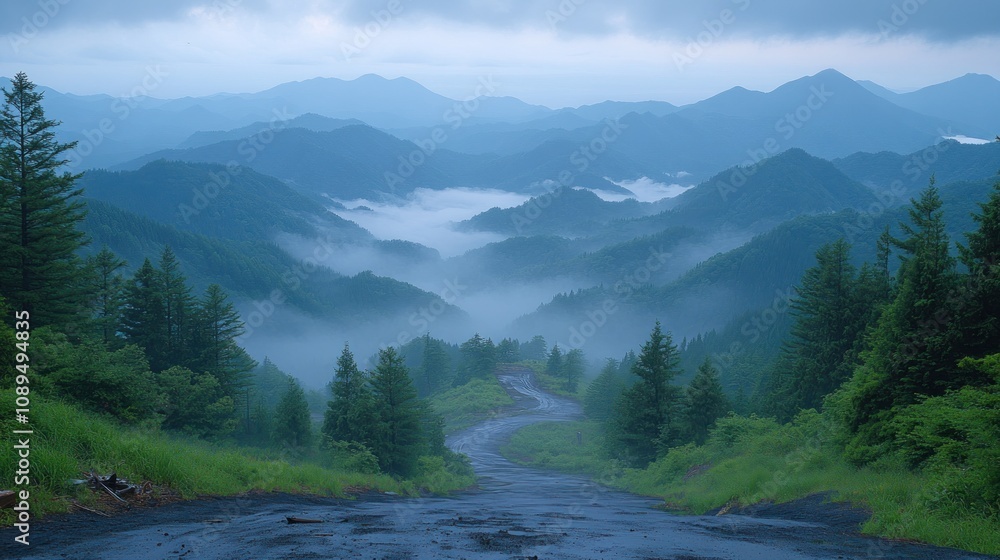 Misty mountain road descending into valley. Misty mountain road descending into valley.