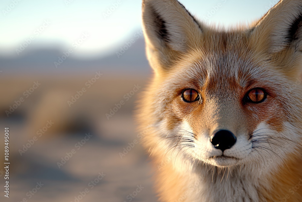 Obraz premium a close up of a red fox in the desert, with a blurred background The fox is looking directly at the camera, giving the viewer a clear view of its features
