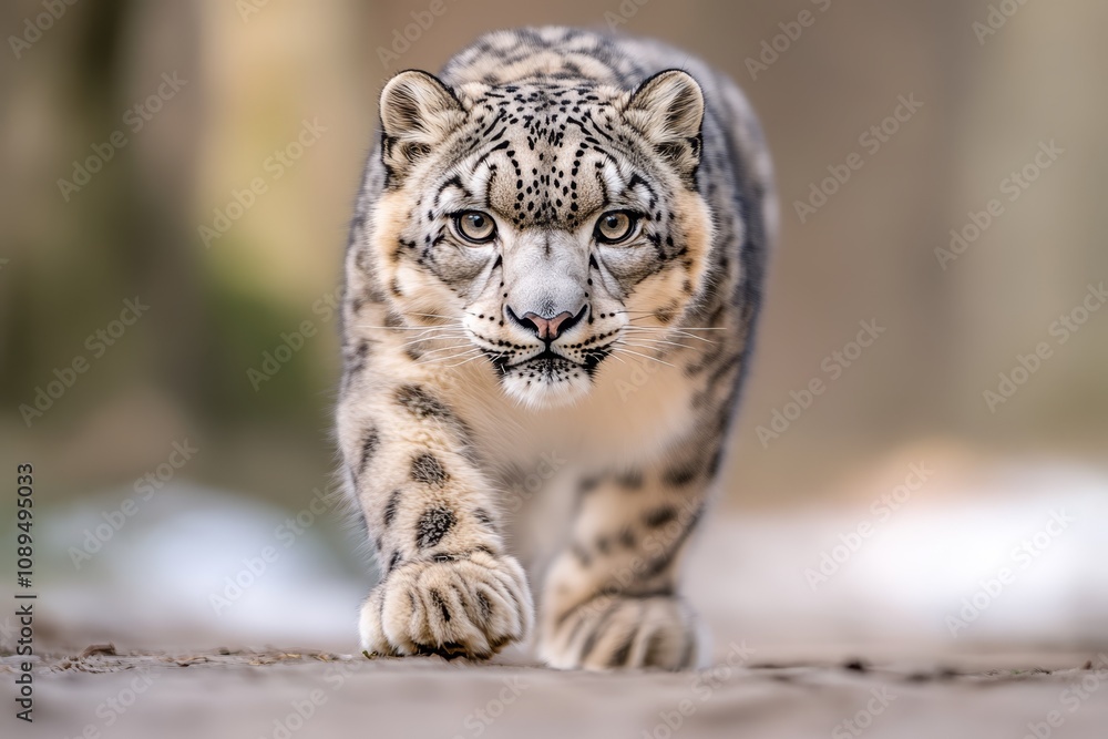 Naklejka premium a snow leopard walking across a dirt road, with a blurred background The leopard is in sharp focus, while the background is slightly out of focus, giving the image