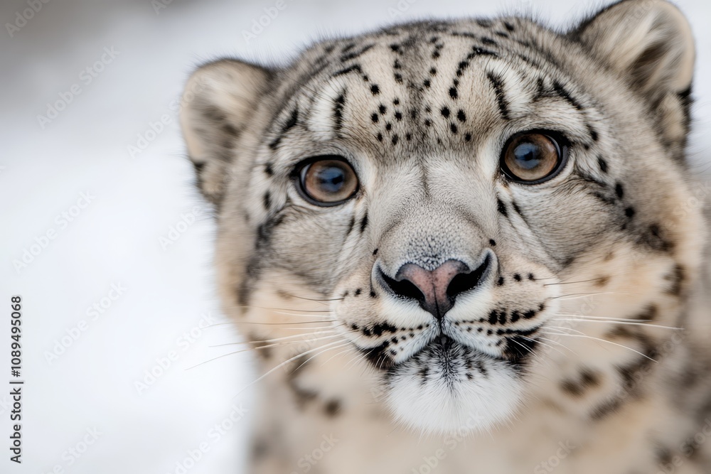a close up of a snow leopard's face in the snow, with a blurred background a close up of a snow leopard's face in the snow, with a blurred background