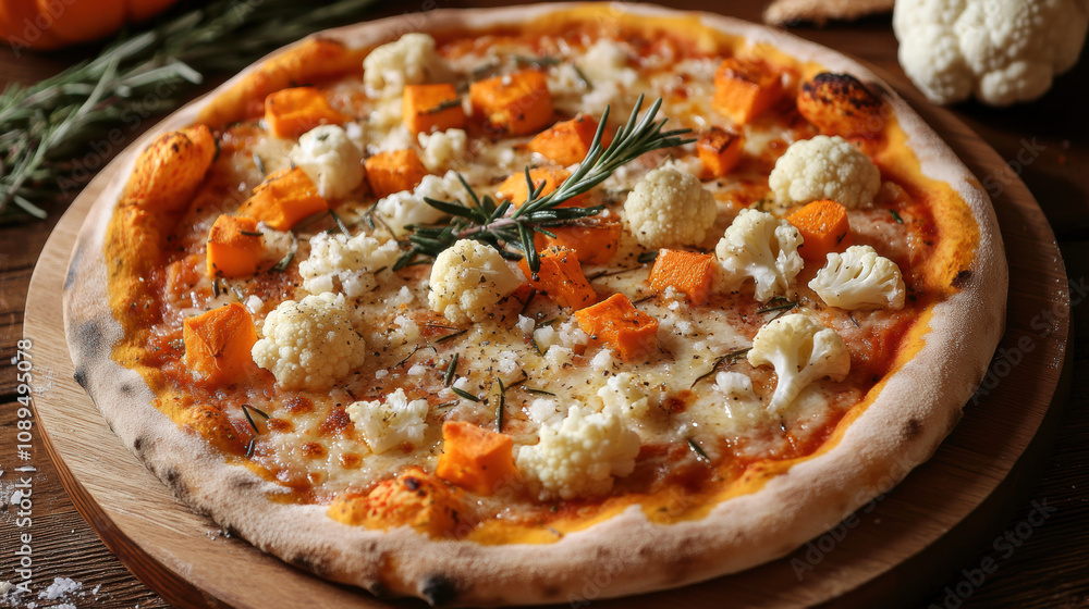 Gourmet pizza with rosemary, cauliflower, and pumpkin on wooden table Gourmet pizza with rosemary, cauliflower, and pumpkin on wooden table