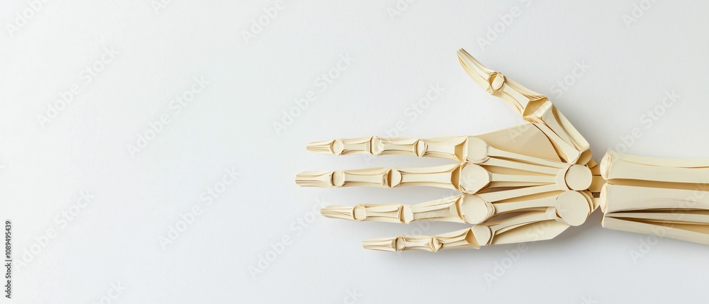 Craftsmanship and creativity in paper art. A golden, skeletal hand positioned against a neutral background, showcasing detailed bone structure and joints. Craftsmanship and creativity in paper art. A golden, skeletal hand positioned against a neutral background, showcasing detailed bone structure and joints.