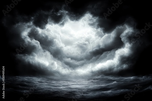  a black and white photo of a stormy sky over the ocean The sky is filled with dark, ominous clouds, and the water below is choppy and turbulent