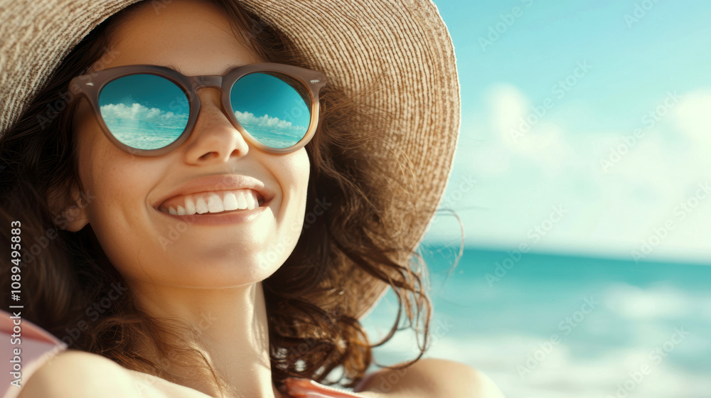 Smiling woman at the beach with sunglasses reflecting the ocean and sky Smiling woman at the beach with sunglasses reflecting the ocean and sky