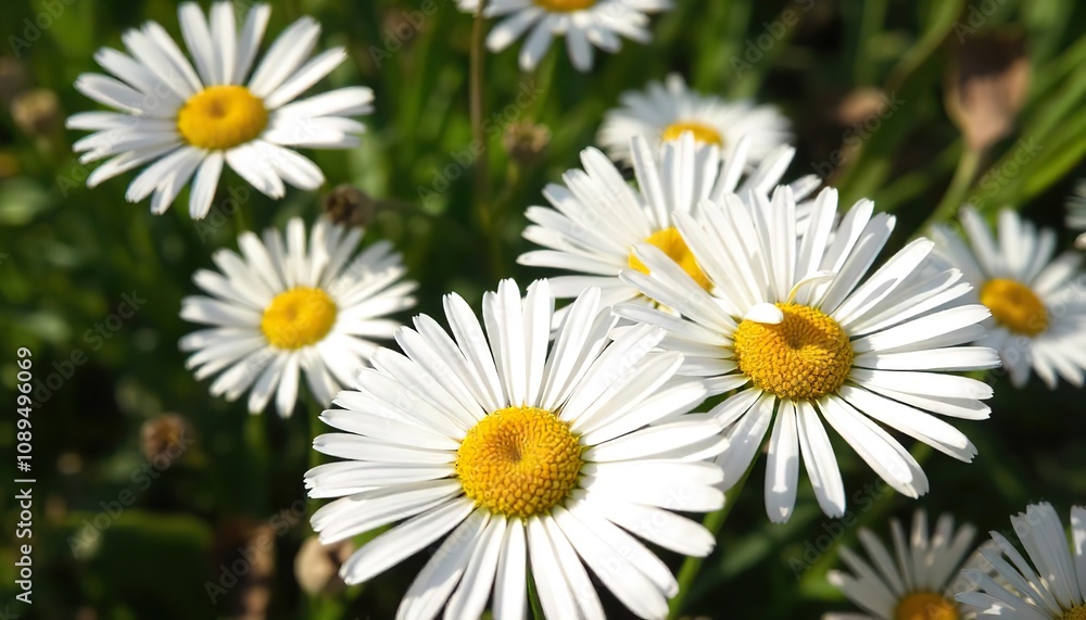 A close-up of wild daisies, gentle sunlight illuminating their delicate petals A close-up of wild daisies, gentle sunlight illuminating their delicate petals