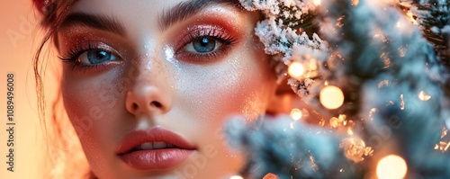 Beautiful woman with festive makeup posing near christmas tree lights