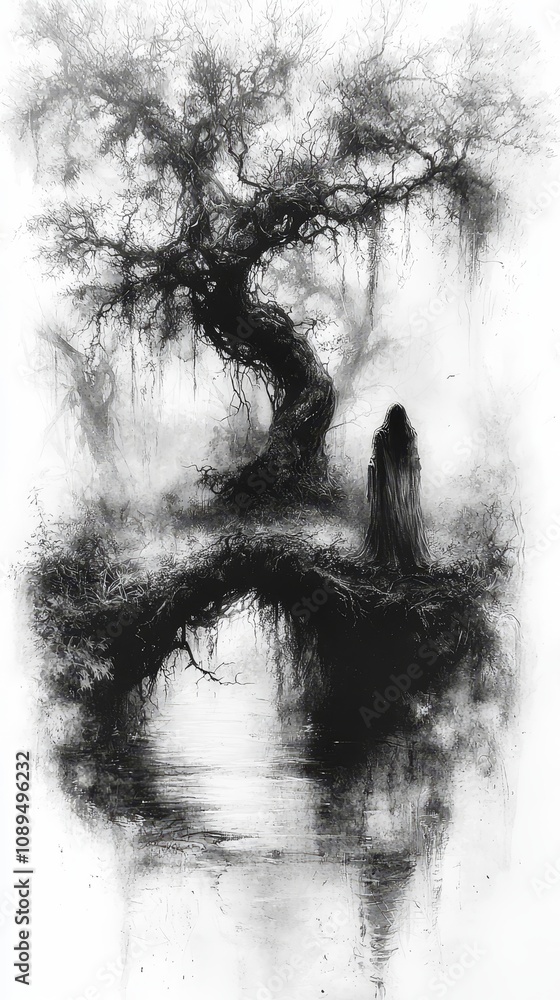 Fototapeta premium a black and white drawing of a tree in the middle of a body of water, with a person standing in the foreground The tree is surrounded by a peaceful atmosphere, wit