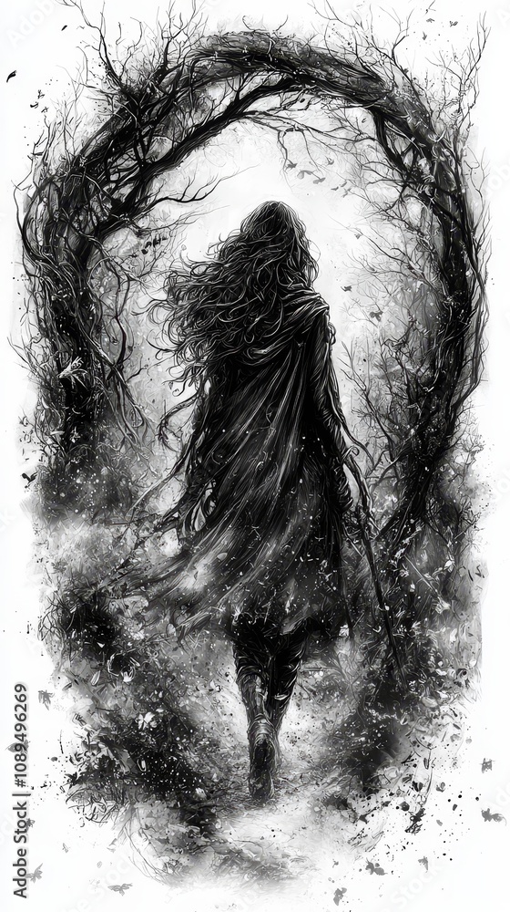 Fototapeta premium a black and white drawing of a woman walking through a forest, with a tree in the background The woman is wearing a long, dark cloak and has a determined expressio