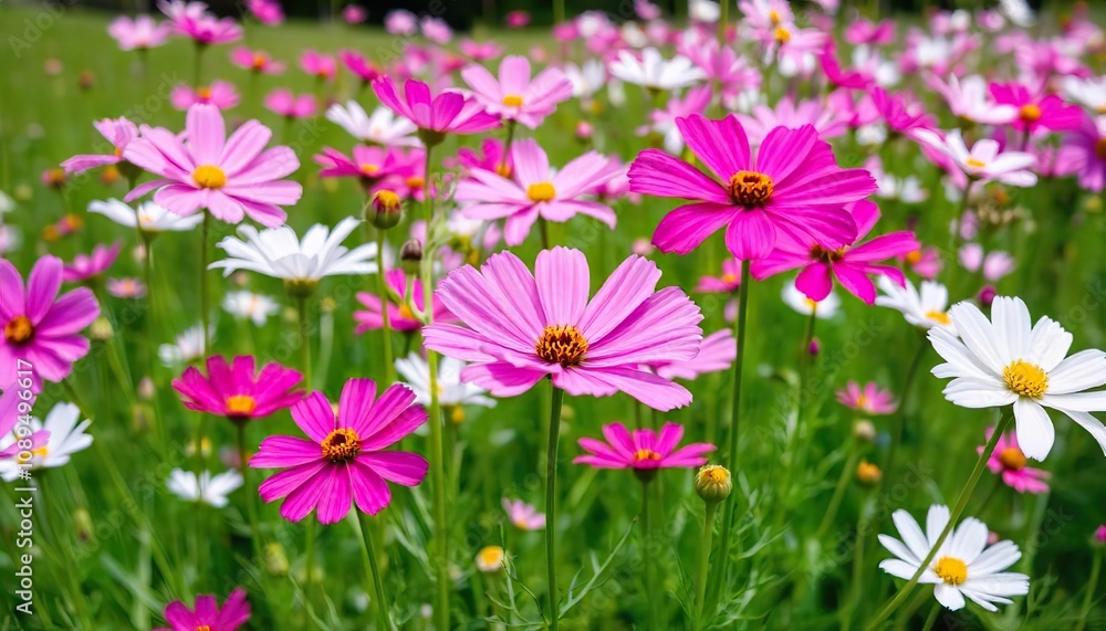 A field of vibrant cosmos flowers with pink, purple, and white petals A field of vibrant cosmos flowers with pink, purple, and white petals