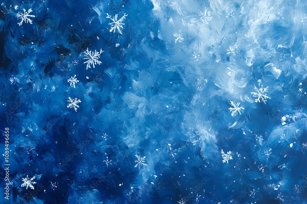 Obraz premium Abstract icy texture in shades of blue with white glowing snowflakes