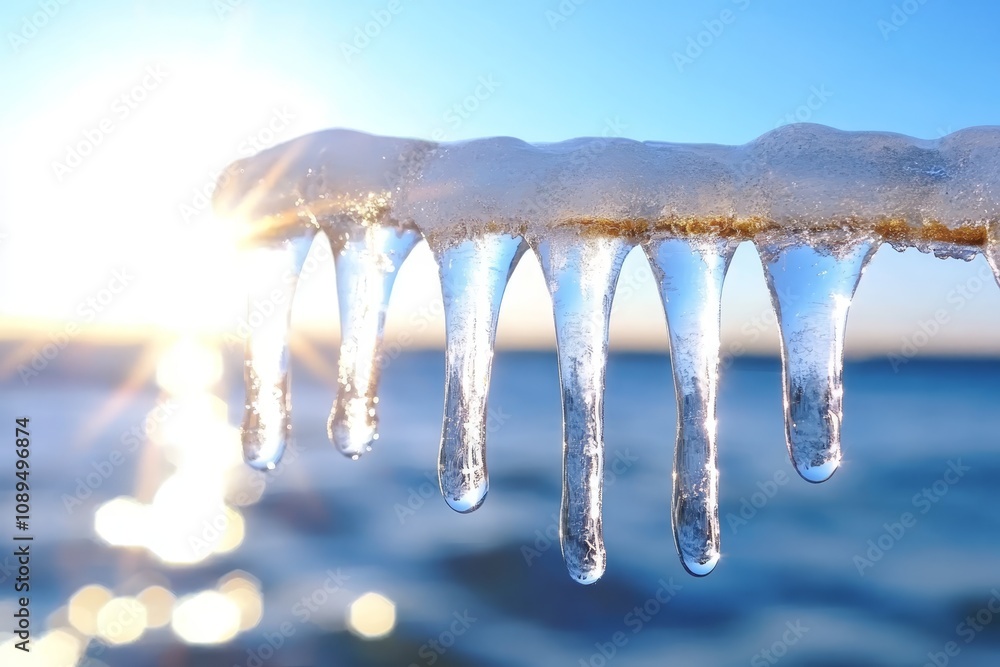 icicles hanging from the side of a building near the ocean, with the sky in the background blurred out The icicles are glistening in the sunlight, creating a beaut icicles hanging from the side of a building near the ocean, with the sky in the background blurred out The icicles are glistening in the sunlight, creating a beaut