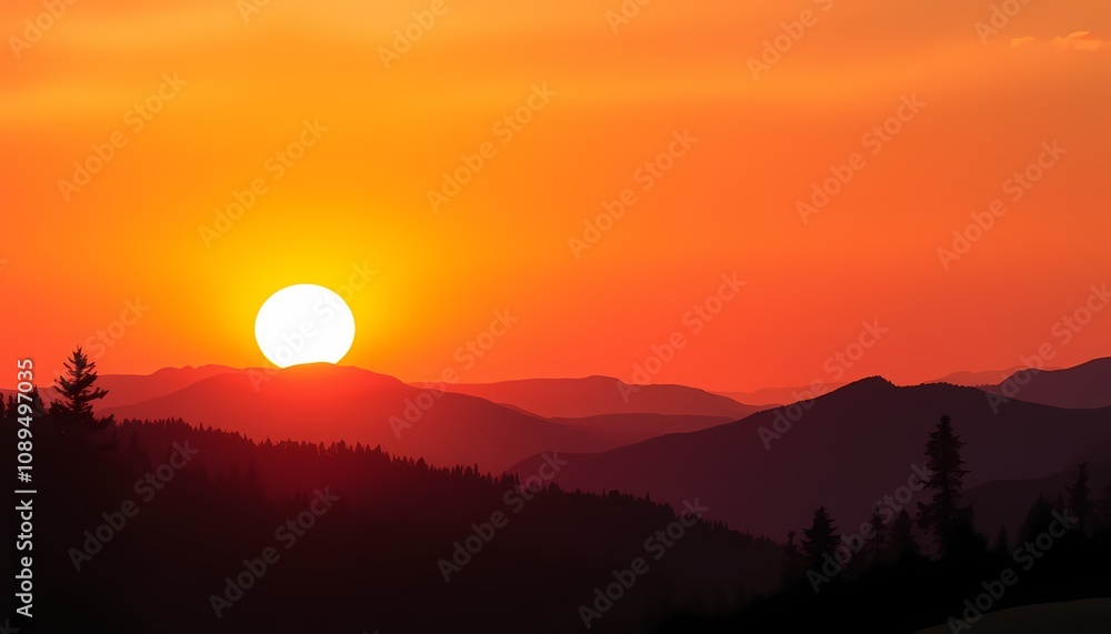 Fiery Sunset over Mountain Range Fiery Sunset over Mountain Range