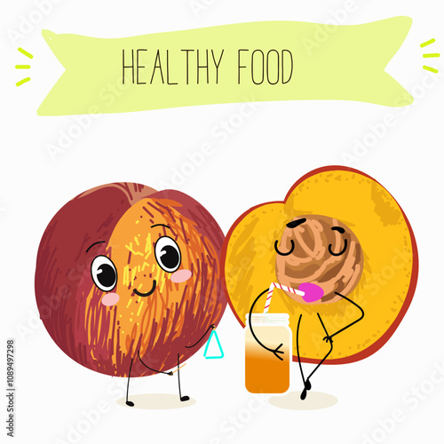 Nectarine fruit cute funny cheerful characters with different poses and activities. Natural vitamin antioxidant detox food collection. Vector hand drawn illistration.