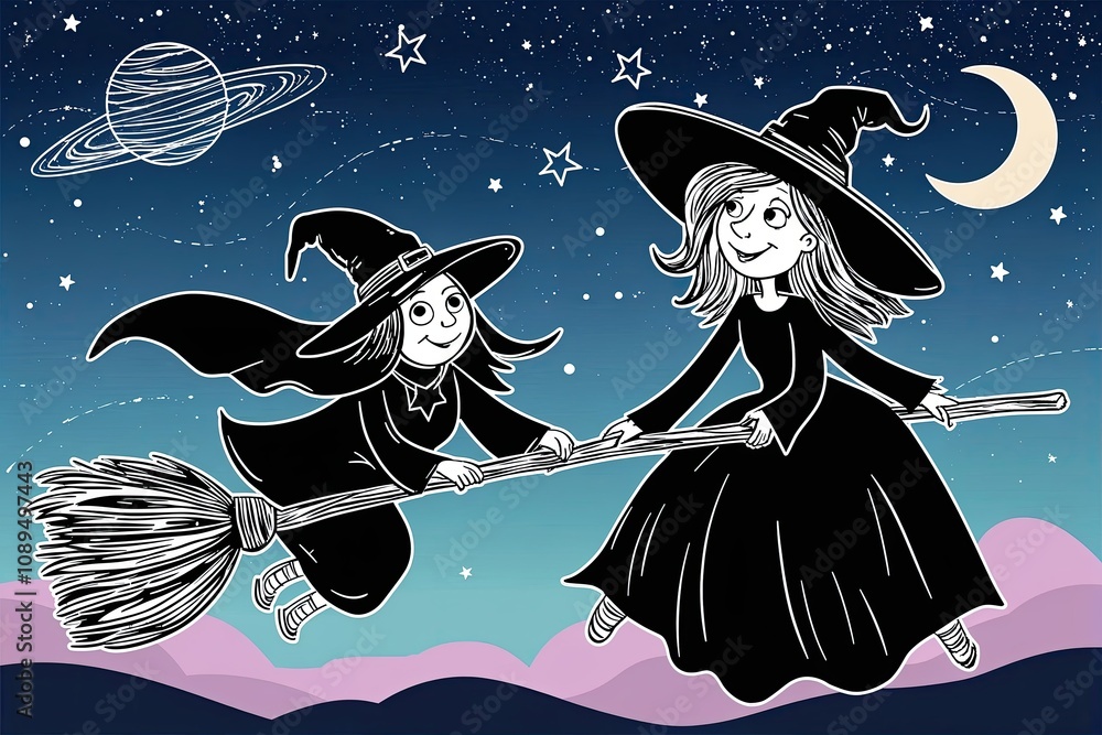 Naklejka premium Playful Adventurous Witch Exploring the Night Sky on a Broom - Whimsical Line Art Sketch Collection for T-Shirt Graphic Design