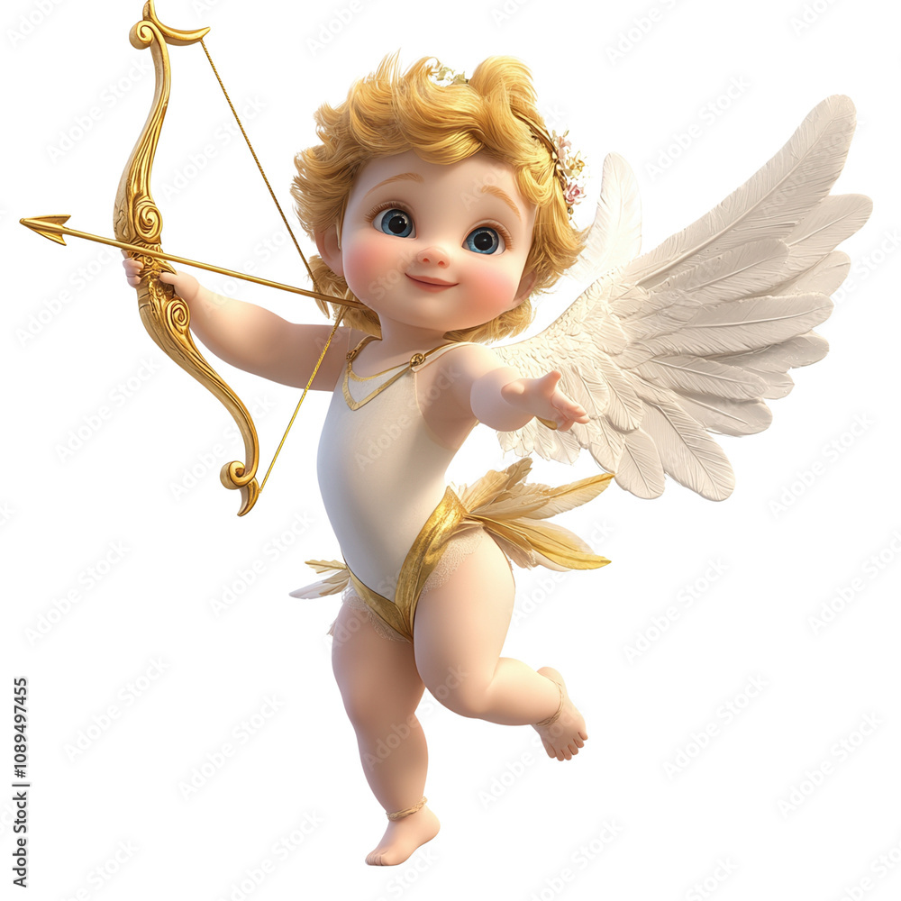 Fototapeta premium A playful angelic cherub with golden wings and a bow, spreading joy and love in a whimsical, enchanting scene.3d rendering isolate on white background