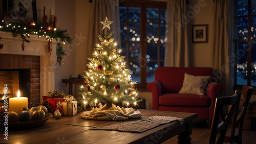 cozy Christmas scene with a small, beautifully decorated mini Christmas tree placed on a wooden table.