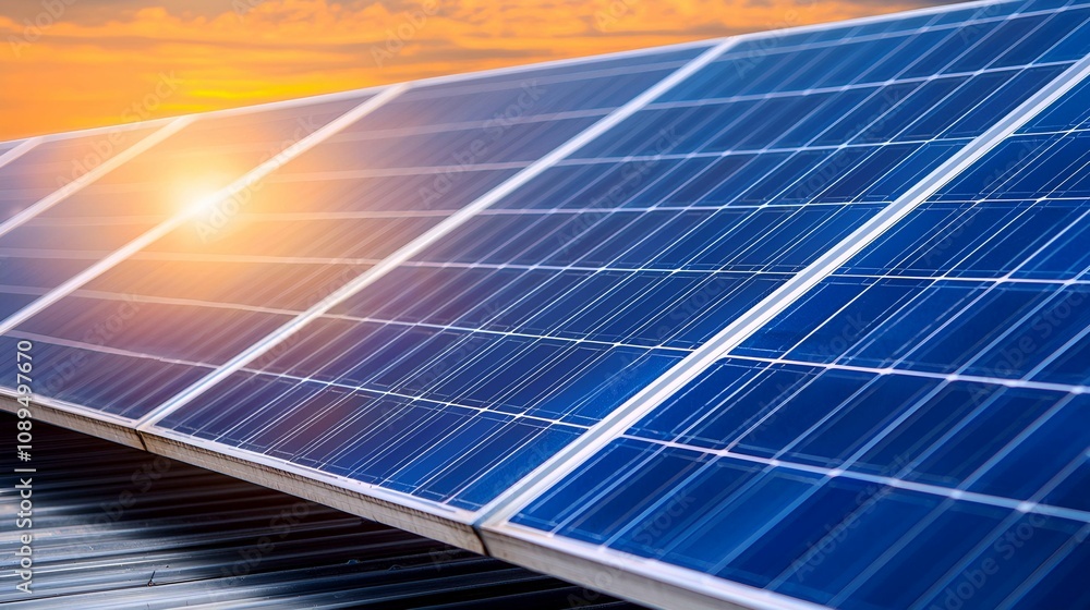 A close-up of solar panels reflecting sunlight, highlighting their design and efficiency against a beautiful sunset backdrop. A close-up of solar panels reflecting sunlight, highlighting their design and efficiency against a beautiful sunset backdrop.