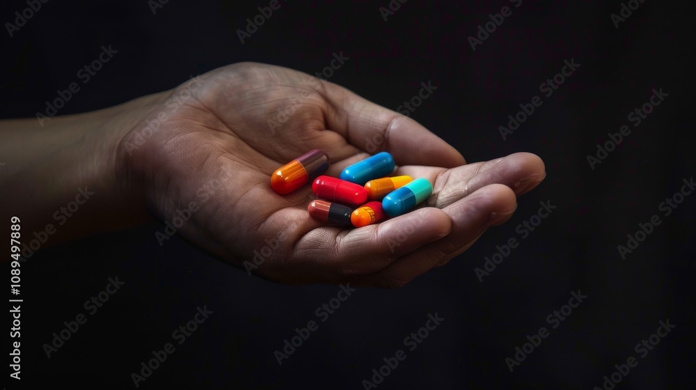 A hand holding brightly colored pills against a black background A hand holding brightly colored pills against a black background