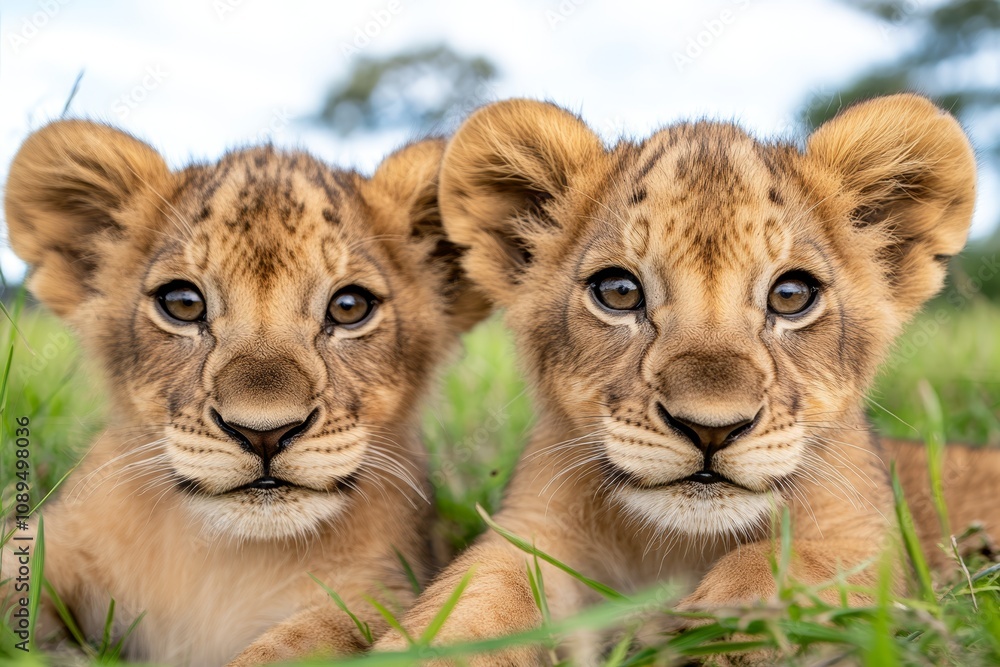 two lion cubs laying in the grass with their eyes closed, surrounded by trees and a blurred sky in the background two lion cubs laying in the grass with their eyes closed, surrounded by trees and a blurred sky in the background