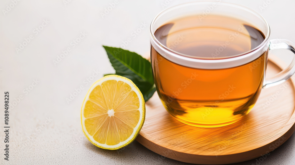 Warm green tea with lemon slice on wooden coaster evokes sense of natural detox and healing. Enjoy refreshing aroma and vibrant color of this soothing beverage Warm green tea with lemon slice on wooden coaster evokes sense of natural detox and healing. Enjoy refreshing aroma and vibrant color of this soothing beverage