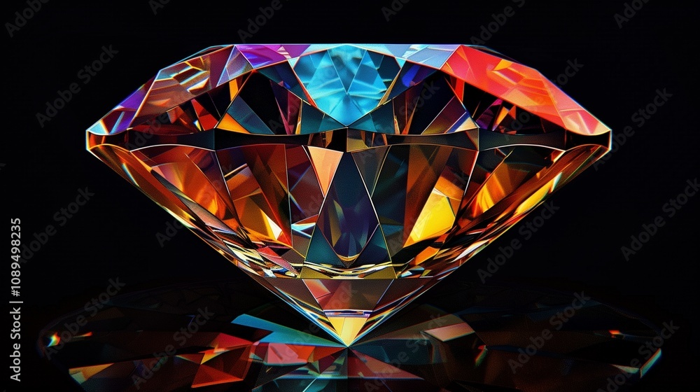 A brilliant, colorful diamond with intricate facets on a black background. A brilliant, colorful diamond with intricate facets on a black background.