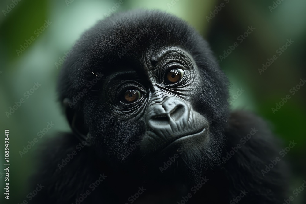 a close up of a baby mountain gorilla looking at the camera with a blurred background The gorilla is black in color a close up of a baby mountain gorilla looking at the camera with a blurred background The gorilla is black in color