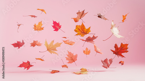 colorful leaves falling in the air isolated on pink background photo