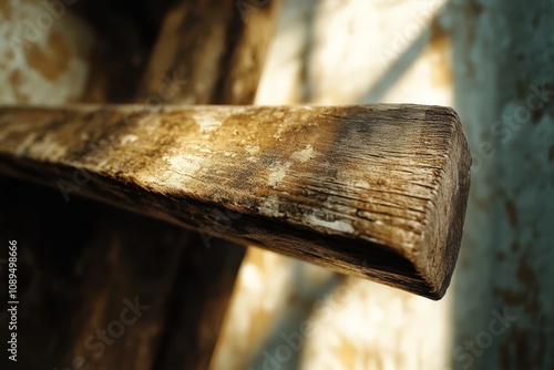  a close up of a piece of wood on a table, with a wall in the background The wood appears to be aged and weathered, with visible signs of wear and tear The table i