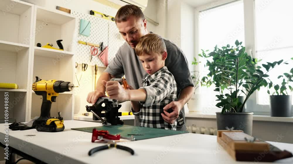 Child works in workshop with tools under adult supervision, highlighting issues of safety and improper role distribution. Scene emphasizes negative aspects of child labor and potential dangers. Child works in workshop with tools under adult supervision, highlighting issues of safety and improper role distribution. Scene emphasizes negative aspects of child labor and potential dangers.