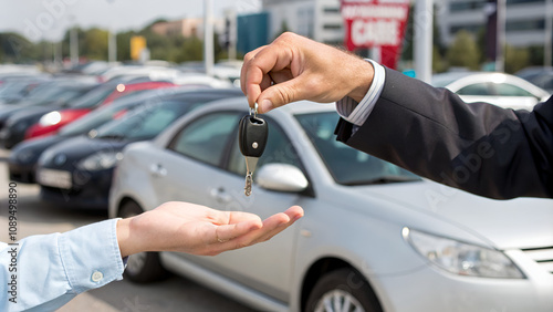 buy second hand auto or rent a car concept, close-up hand of used car agent giving an auto key to client offer vehicle automobile loan drive service owner.