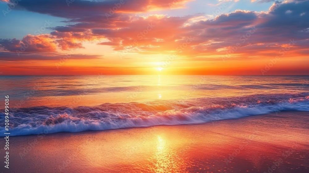 Fototapeta premium A stunning sunset at the coast, with the sky filled with warm colors and the ocean reflecting the orange and pink hues of the setting sun