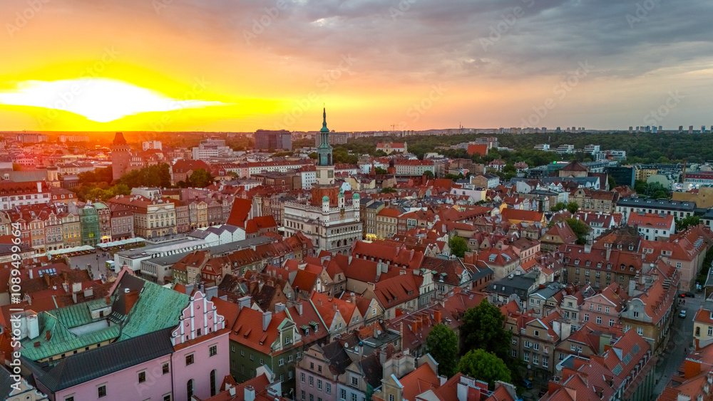 Fototapeta premium aerial view of the central square of the town hall and castle in poznan in poland at sunset in spring