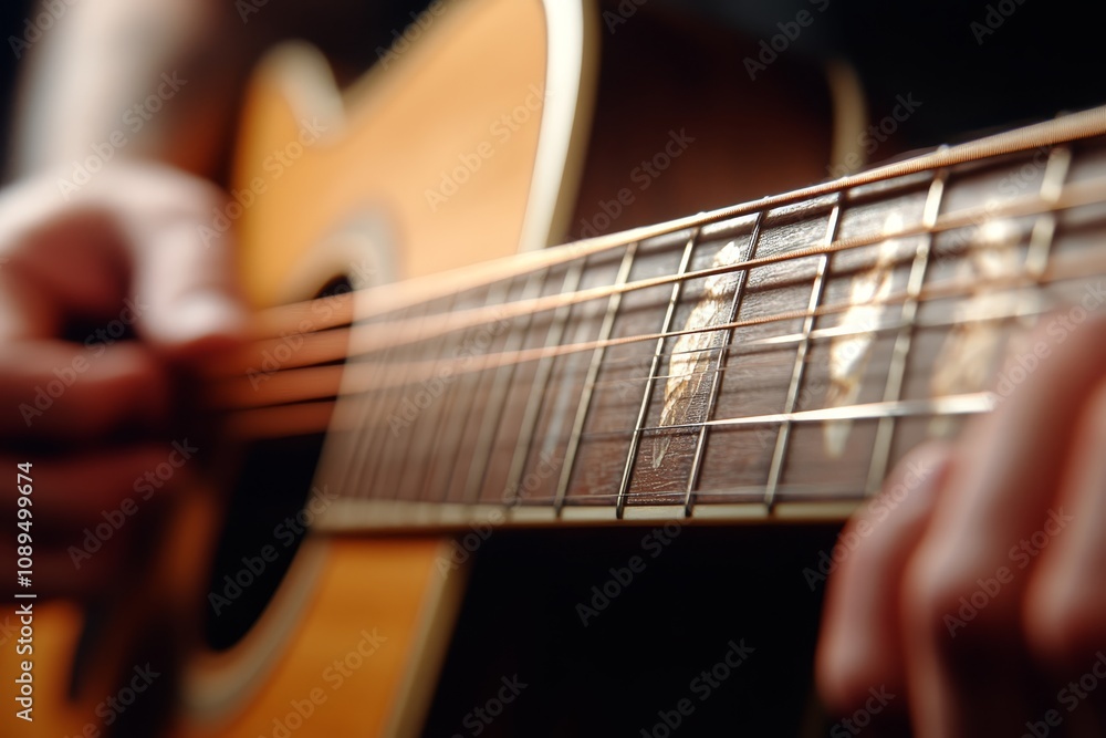 a person playing an acoustic guitar, their hands strumming the strings and creating a beautiful melody The guitar is a classic acoustic model, with a glossy black a person playing an acoustic guitar, their hands strumming the strings and creating a beautiful melody The guitar is a classic acoustic model, with a glossy black