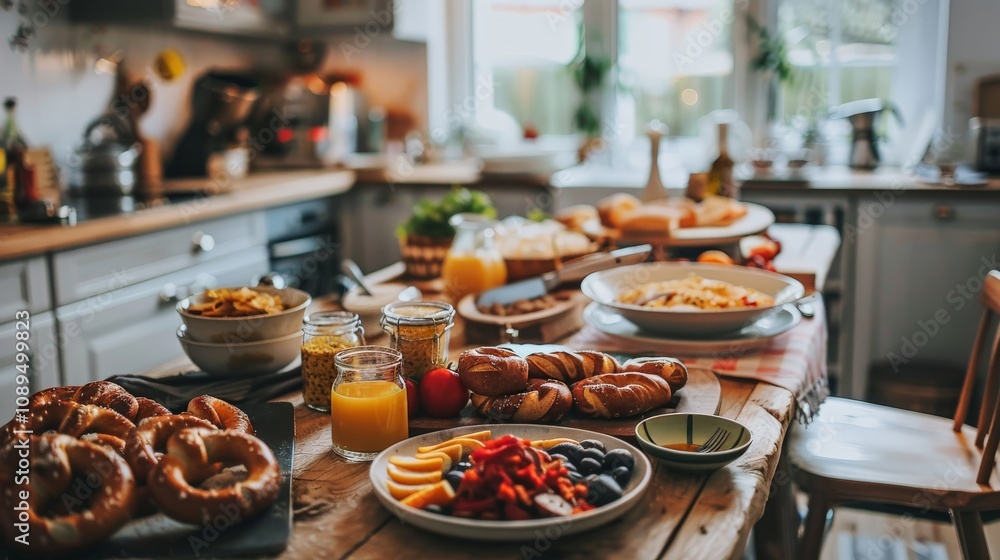 A hearty Bavarian breakfast with fresh pretzels, sausages, and a variety of mustards and pickles, set in a cozy kitchen A hearty Bavarian breakfast with fresh pretzels, sausages, and a variety of mustards and pickles, set in a cozy kitchen