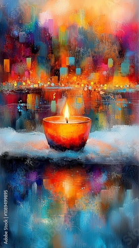  a painting of a lit candle on a table, surrounded by a vibrant array of colors The candle is the focal point of the painting, with its bright yellow flame flickeri photo