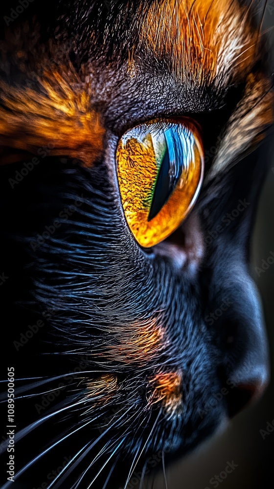 a close up of a black and brown cat with yellow eyes The cat's face is ...