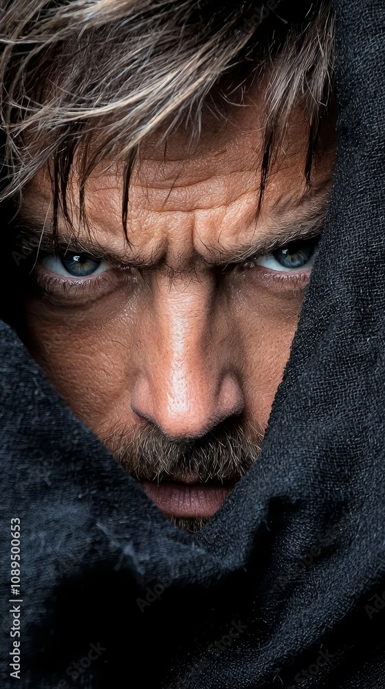 a man with blue eyes peeking out from behind a black cloth His face is the focus of the image, with the black cloth providing a stark contrast to his blue eyes a man with blue eyes peeking out from behind a black cloth His face is the focus of the image, with the black cloth providing a stark contrast to his blue eyes