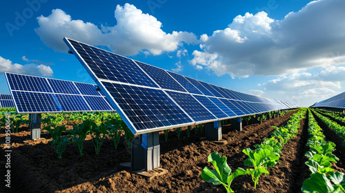 Futuristic solar farm. Futuristic solar panels in vibrant agricultural field under blue sky. scene showcases sustainable energy and healthy crops thriving together