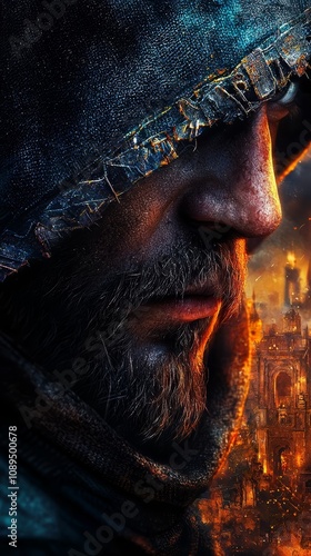  a man with a beard and a hat standing in front of a city, with buildings and fire in the background He appears to be looking off into the distance, with a determin photo