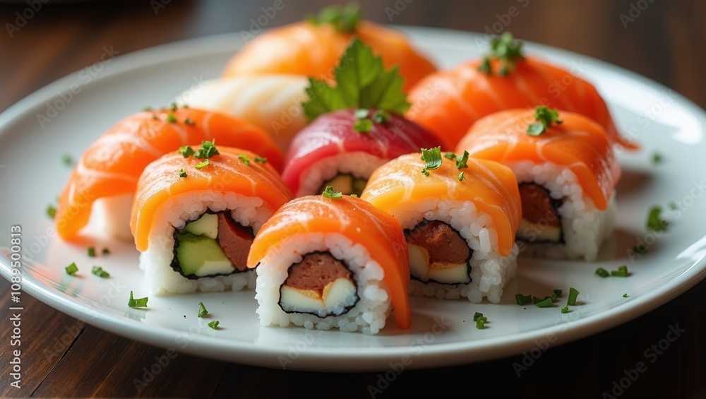 A plate of sushi with various toppings, fresh ingredients, vibrant colors, appealing presentation, Japanese cuisine. Generative, AI, A plate of sushi with various toppings, fresh ingredients, vibrant colors, appealing presentation, Japanese cuisine. Generative, AI,