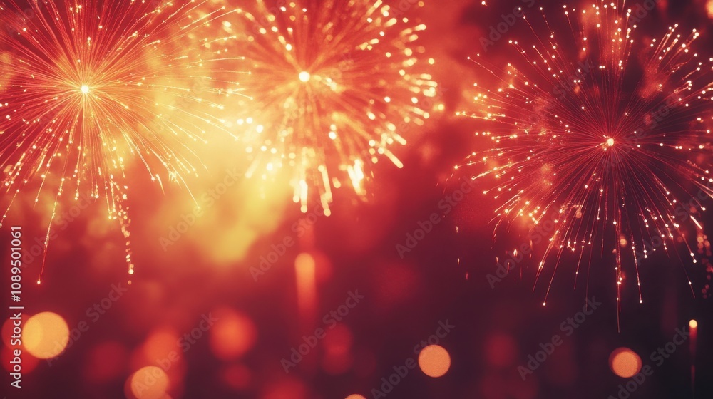 Red and yellow fireworks bursting in the night sky, with space for copy at the bottom. Red and yellow fireworks bursting in the night sky, with space for copy at the bottom.